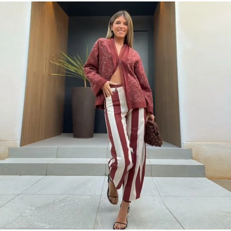 Women Striped Trousers Curved Knife Jeans High Waist Contrasting Color Loose Versatile Casual Long Pants Women's Aladdin Pants
