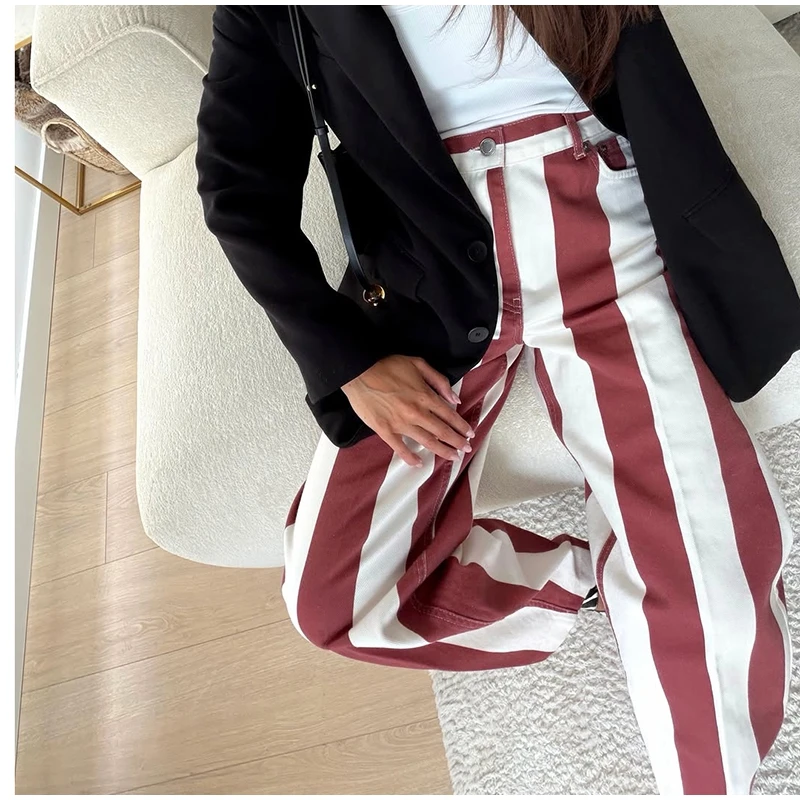 Women Striped Trousers Curved Knife Jeans High Waist Contrasting Color Loose Versatile Casual Long Pants Women's Aladdin Pants