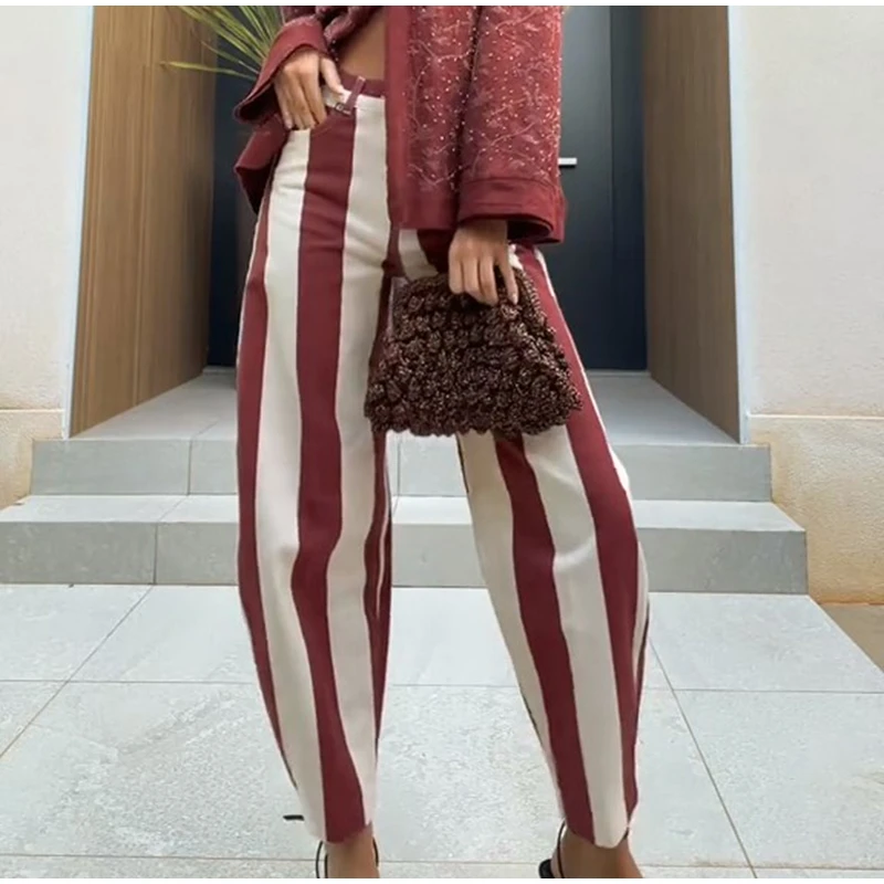 Women Striped Trousers Curved Knife Jeans High Waist Contrasting Color Loose Versatile Casual Long Pants Women's Aladdin Pants
