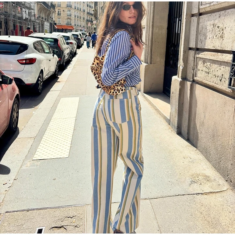 Women Striped Trousers Curved Knife Jeans High Waist Contrasting Color Loose Versatile Casual Long Pants Women's Aladdin Pants