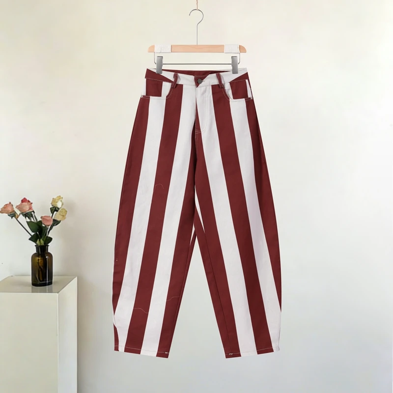 Women Striped Trousers Curved Knife Jeans High Waist Contrasting Color Loose Versatile Casual Long Pants Women's Aladdin Pants