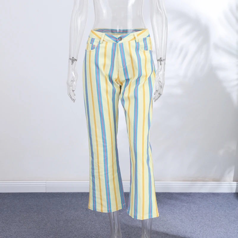 Women Striped Trousers Curved Knife Jeans High Waist Contrasting Color Loose Versatile Casual Long Pants Women's Aladdin Pants