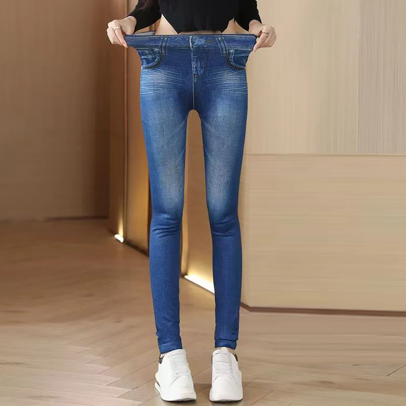 One-peice Elastic Imitation Denim Sports Gymnasium Pencil Pant Casual For Women's Clothes Leggings Dye Vintage All-match Fashion