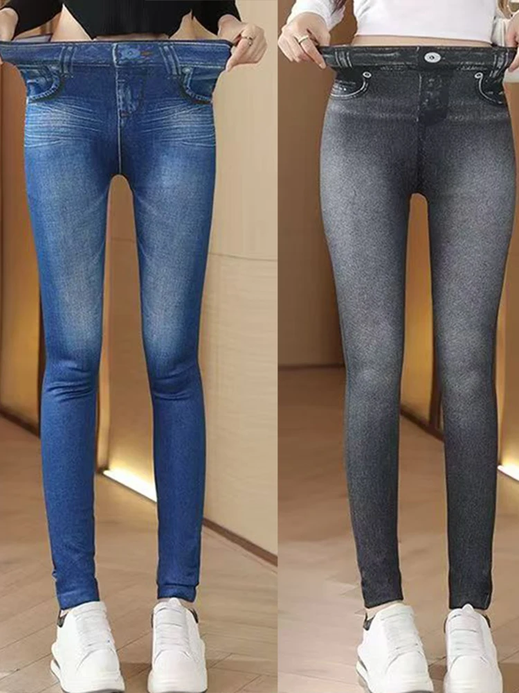 One-peice Elastic Imitation Denim Sports Gymnasium Pencil Pant Casual For Women's Clothes Leggings Dye Vintage All-match Fashion