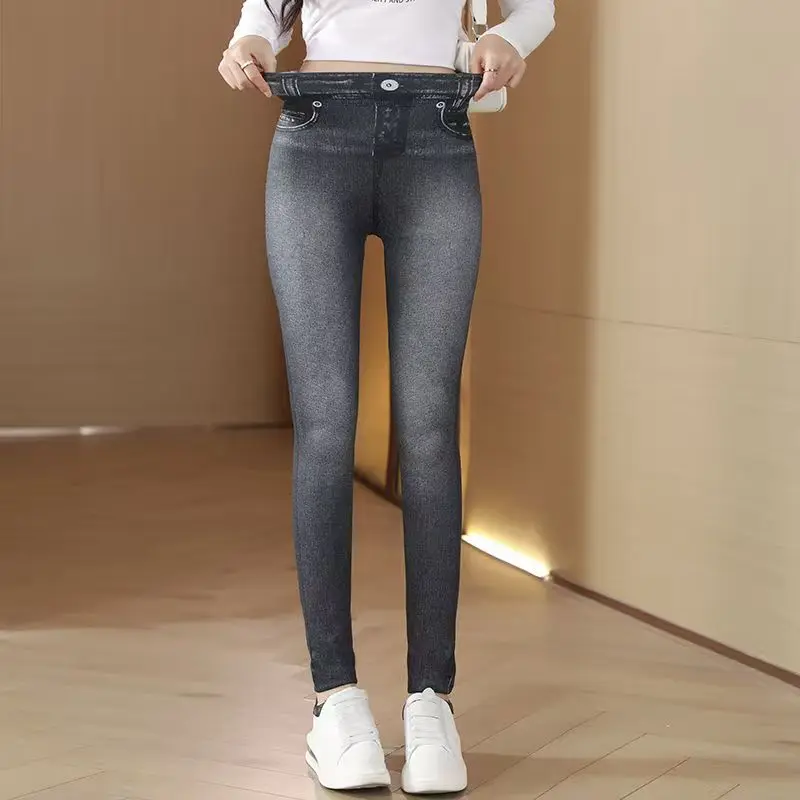 One-peice Elastic Imitation Denim Sports Gymnasium Pencil Pant Casual For Women's Clothes Leggings Dye Vintage All-match Fashion