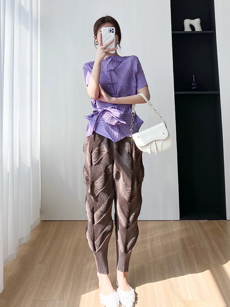 Miyake Pleated Pants Women Elastic Wiast 2023 New Summer Versatile Casual Pencil Trousers Solid Color Female Fashion Pants