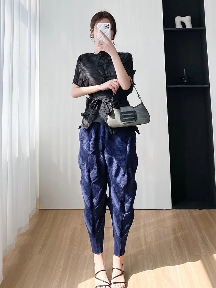 Miyake Pleated Pants Women Elastic Wiast 2023 New Summer Versatile Casual Pencil Trousers Solid Color Female Fashion Pants