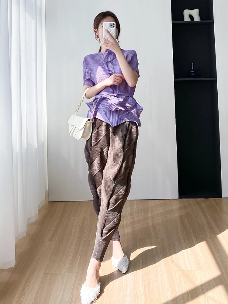 Miyake Pleated Pants Women Elastic Wiast 2023 New Summer Versatile Casual Pencil Trousers Solid Color Female Fashion Pants