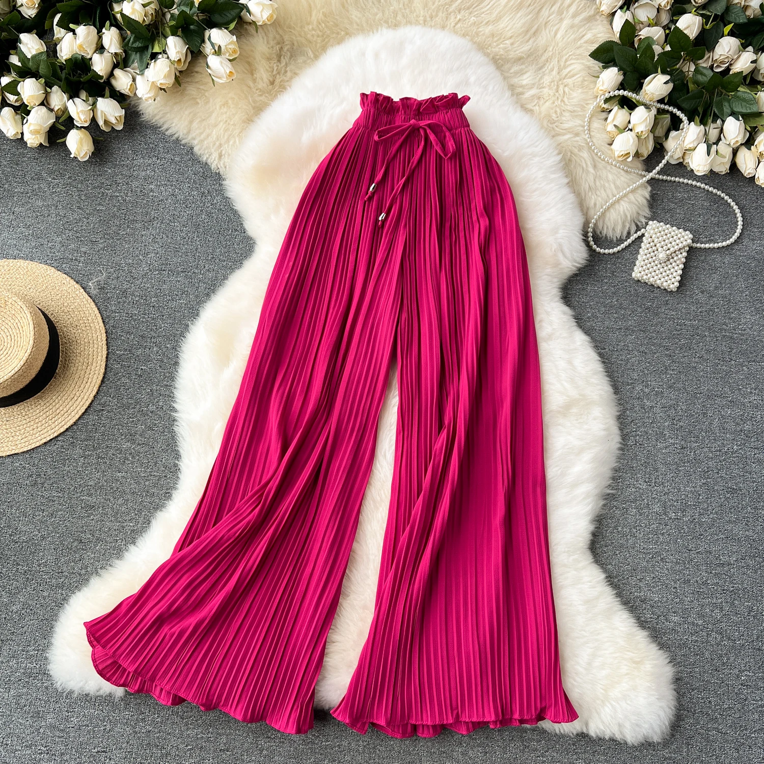 SINGREINY Bandage Basics Casual Pants Women Summer Oversize Draped Wide Legs Pants High Waist Solid Long Pleated Trousers