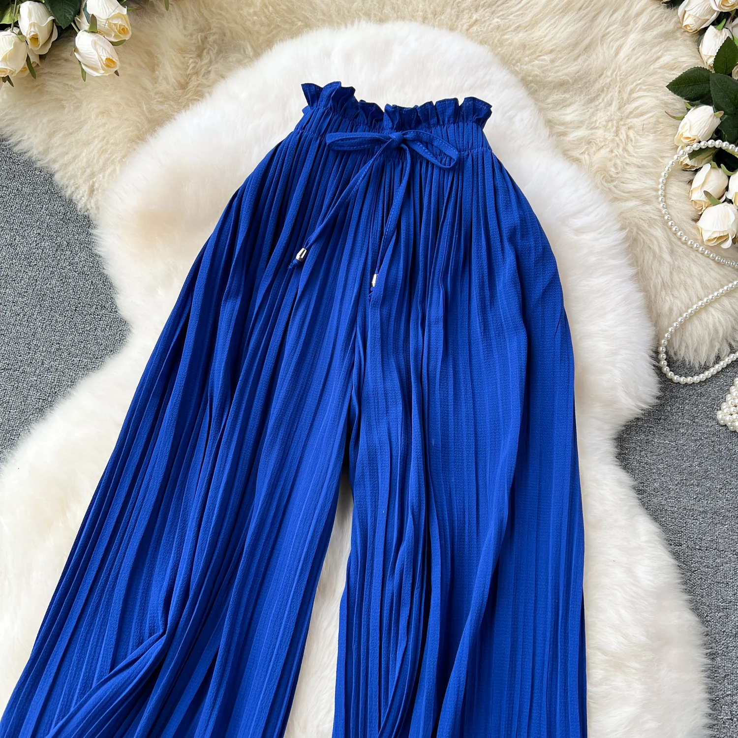SINGREINY Bandage Basics Casual Pants Women Summer Oversize Draped Wide Legs Pants High Waist Solid Long Pleated Trousers