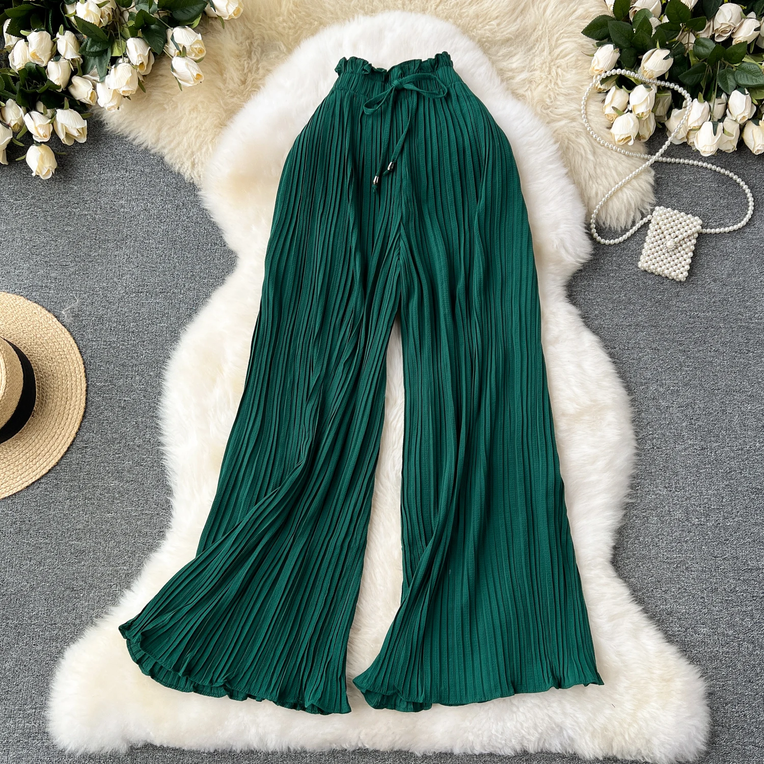 SINGREINY Bandage Basics Casual Pants Women Summer Oversize Draped Wide Legs Pants High Waist Solid Long Pleated Trousers