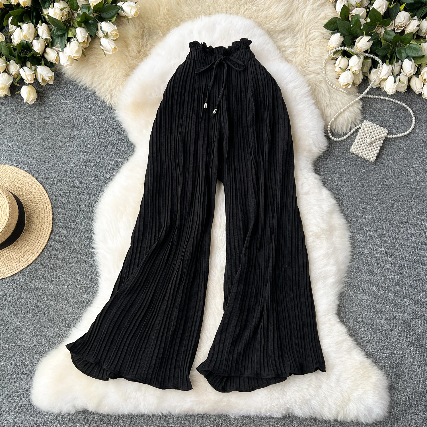 SINGREINY Bandage Basics Casual Pants Women Summer Oversize Draped Wide Legs Pants High Waist Solid Long Pleated Trousers