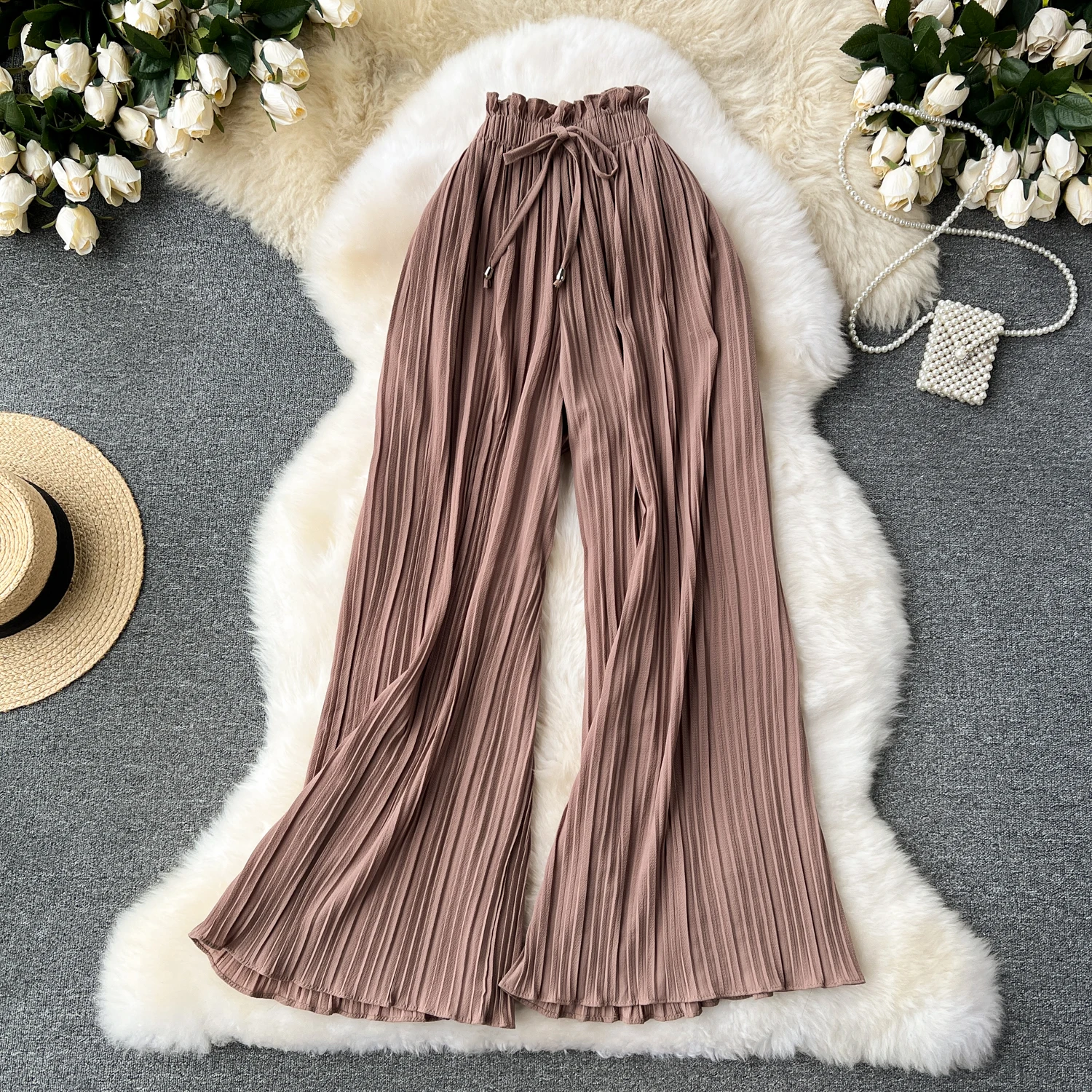 SINGREINY Bandage Basics Casual Pants Women Summer Oversize Draped Wide Legs Pants High Waist Solid Long Pleated Trousers