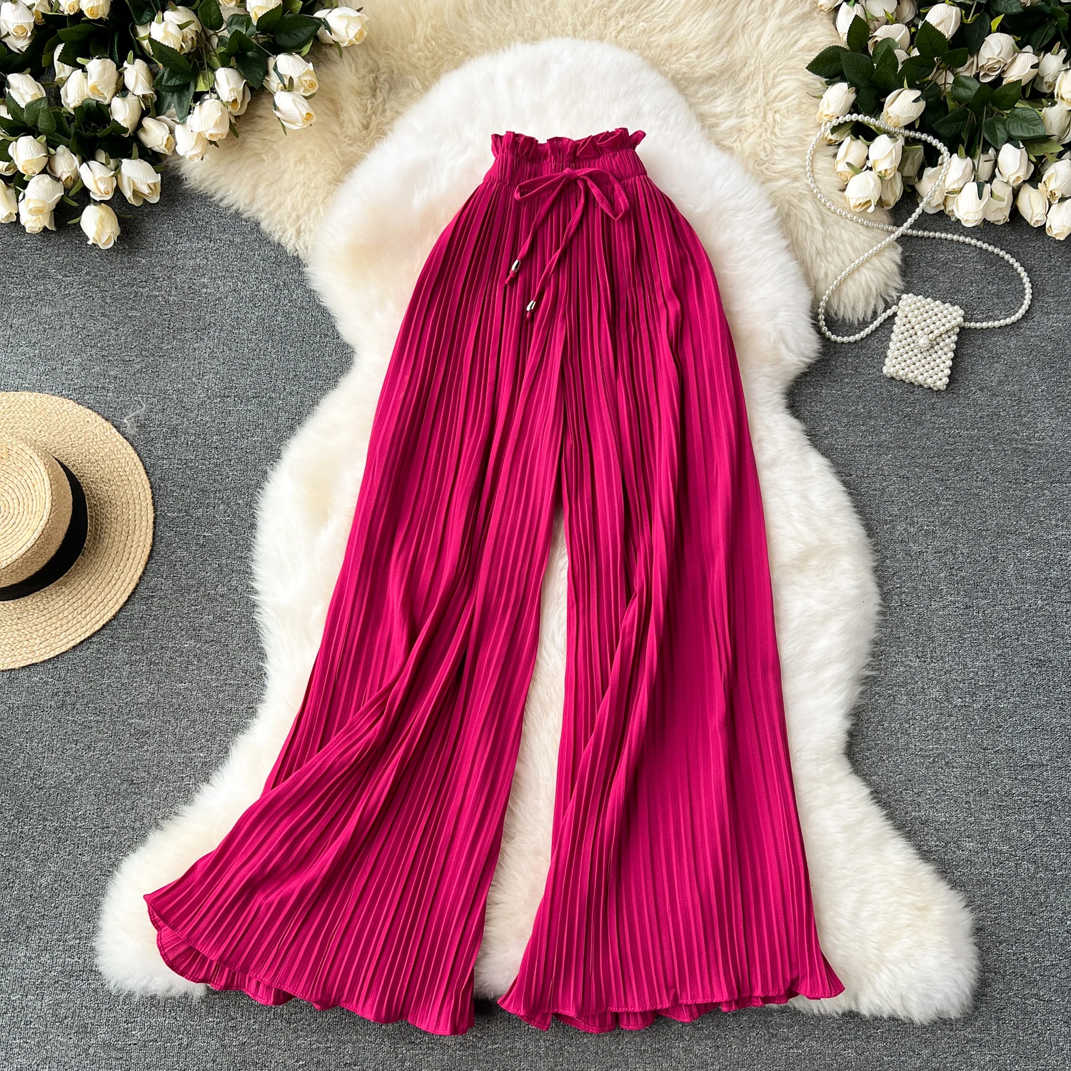 SINGREINY Bandage Basics Casual Pants Women Summer Oversize Draped Wide Legs Pants High Waist Solid Long Pleated Trousers