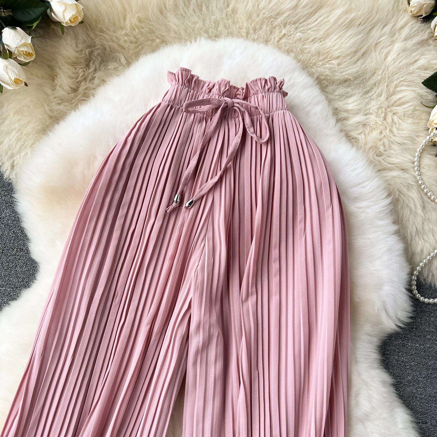 SINGREINY Bandage Basics Casual Pants Women Summer Oversize Draped Wide Legs Pants High Waist Solid Long Pleated Trousers