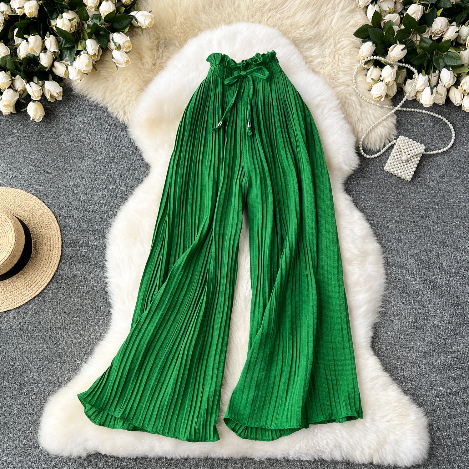 SINGREINY Bandage Basics Casual Pants Women Summer Oversize Draped Wide Legs Pants High Waist Solid Long Pleated Trousers