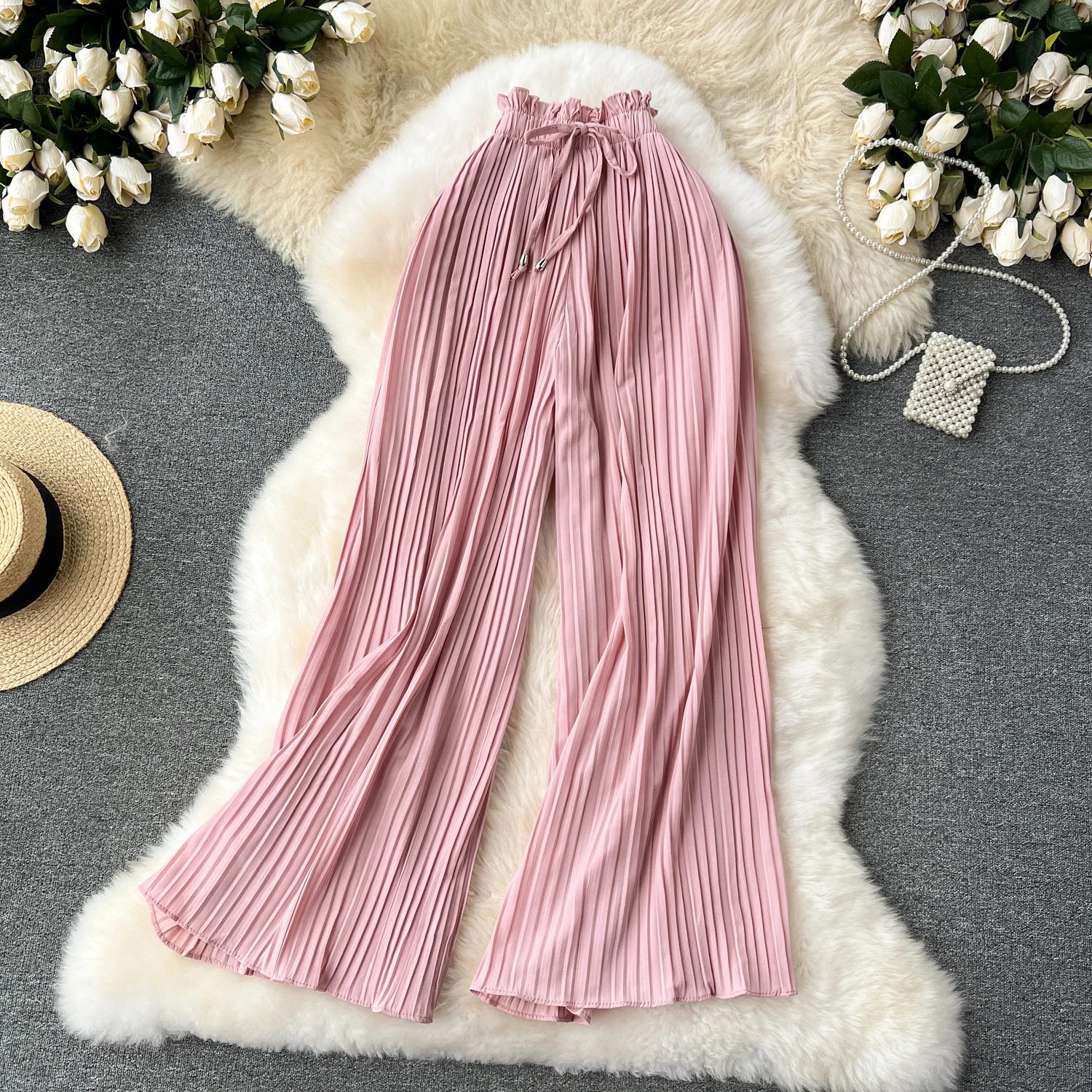 SINGREINY Bandage Basics Casual Pants Women Summer Oversize Draped Wide Legs Pants High Waist Solid Long Pleated Trousers