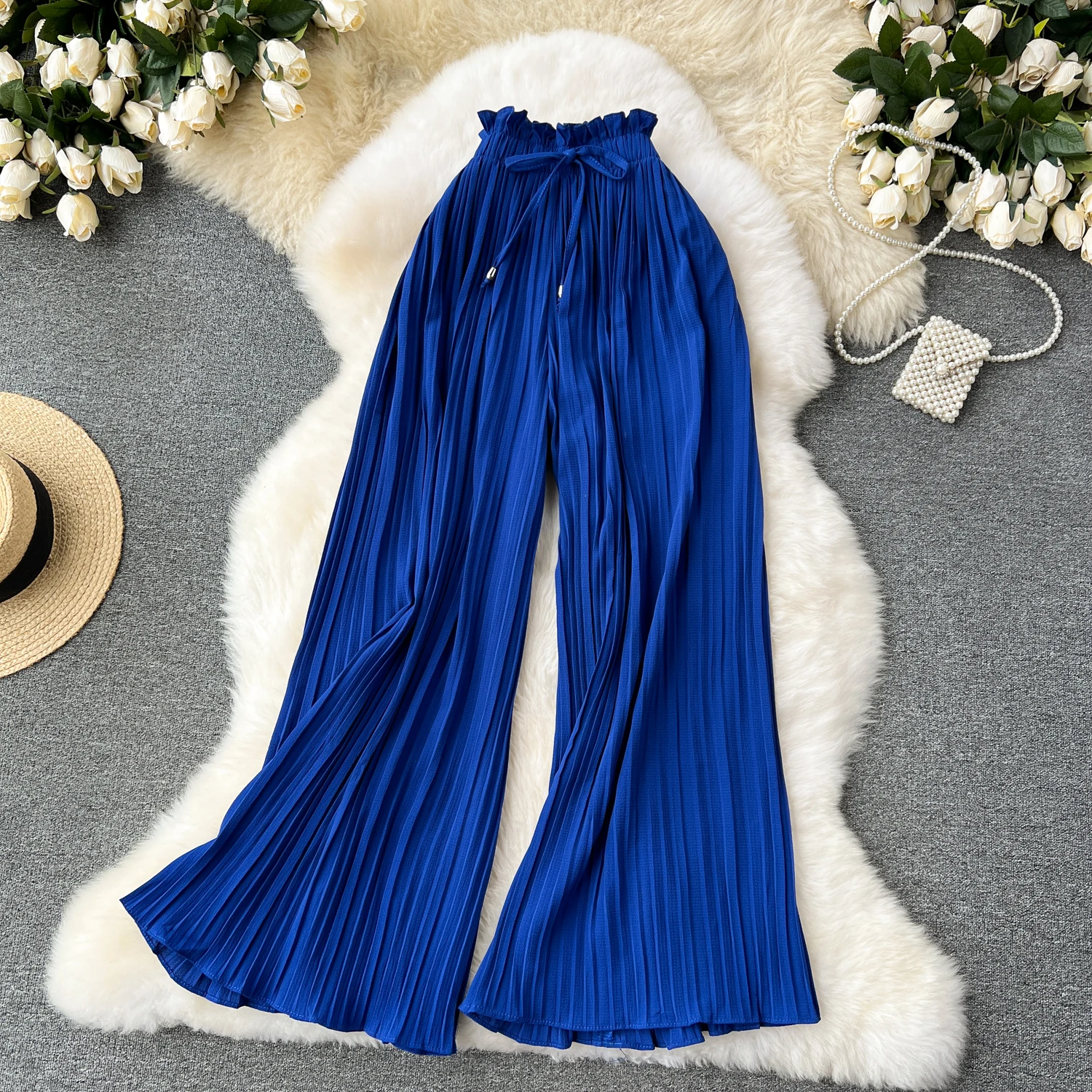SINGREINY Bandage Basics Casual Pants Women Summer Oversize Draped Wide Legs Pants High Waist Solid Long Pleated Trousers