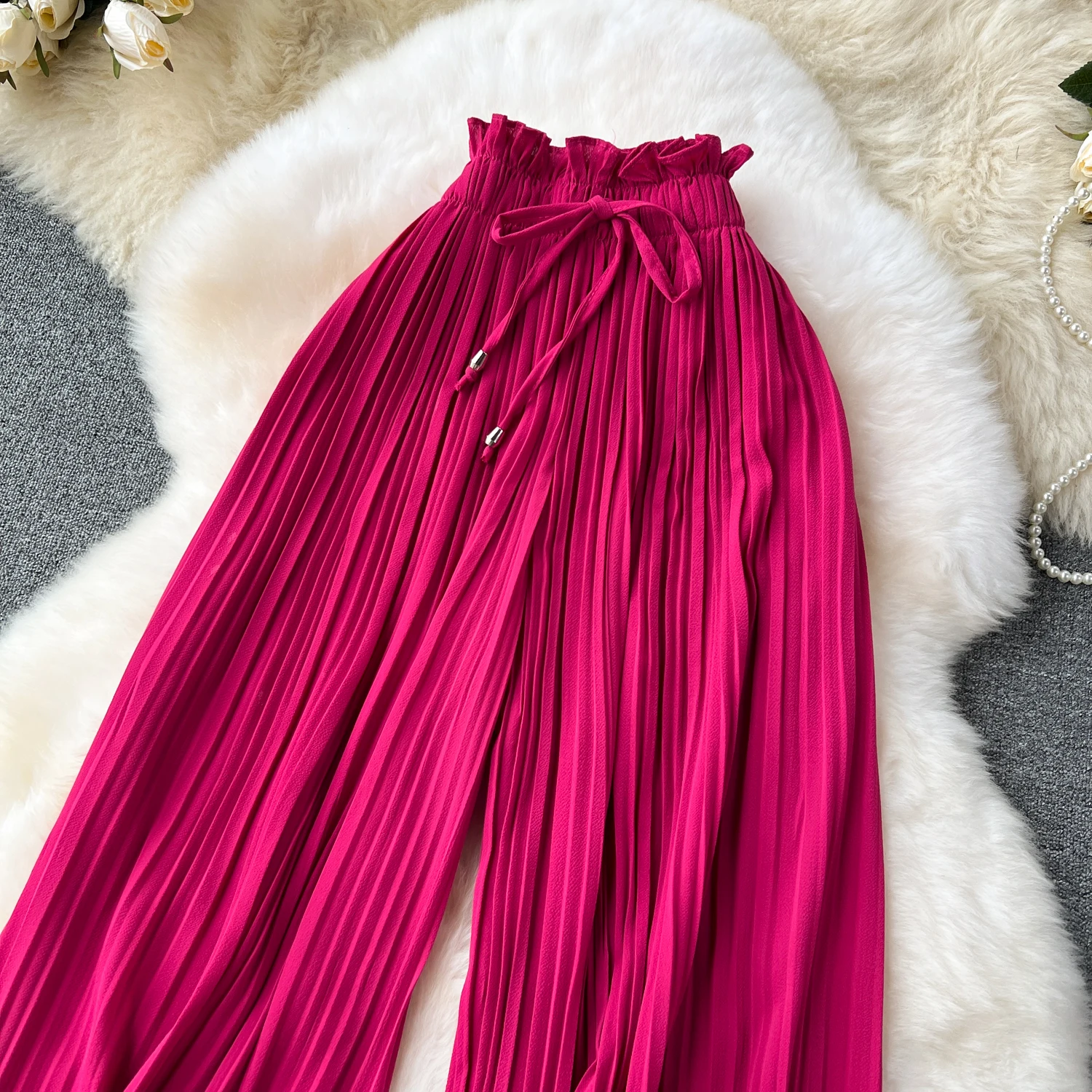 SINGREINY Bandage Basics Casual Pants Women Summer Oversize Draped Wide Legs Pants High Waist Solid Long Pleated Trousers