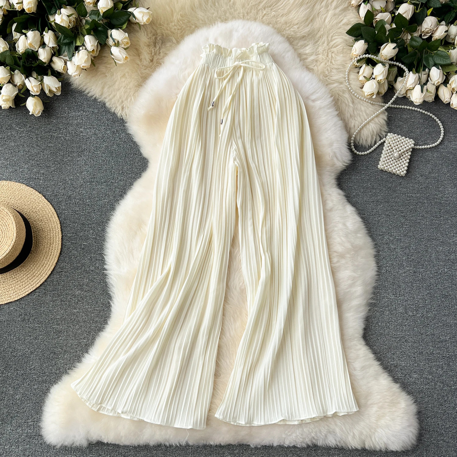 SINGREINY Bandage Basics Casual Pants Women Summer Oversize Draped Wide Legs Pants High Waist Solid Long Pleated Trousers
