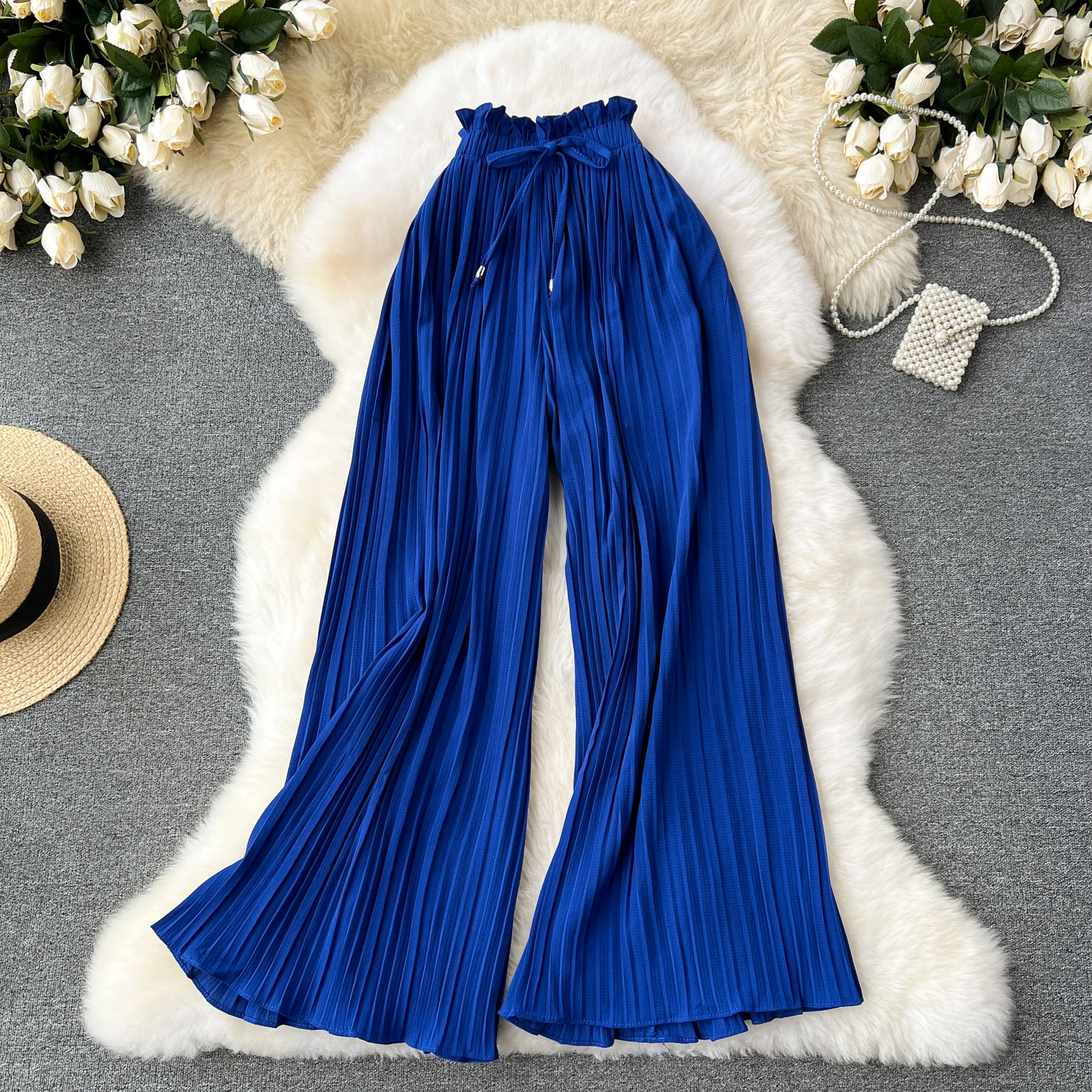SINGREINY Bandage Basics Casual Pants Women Summer Oversize Draped Wide Legs Pants High Waist Solid Long Pleated Trousers