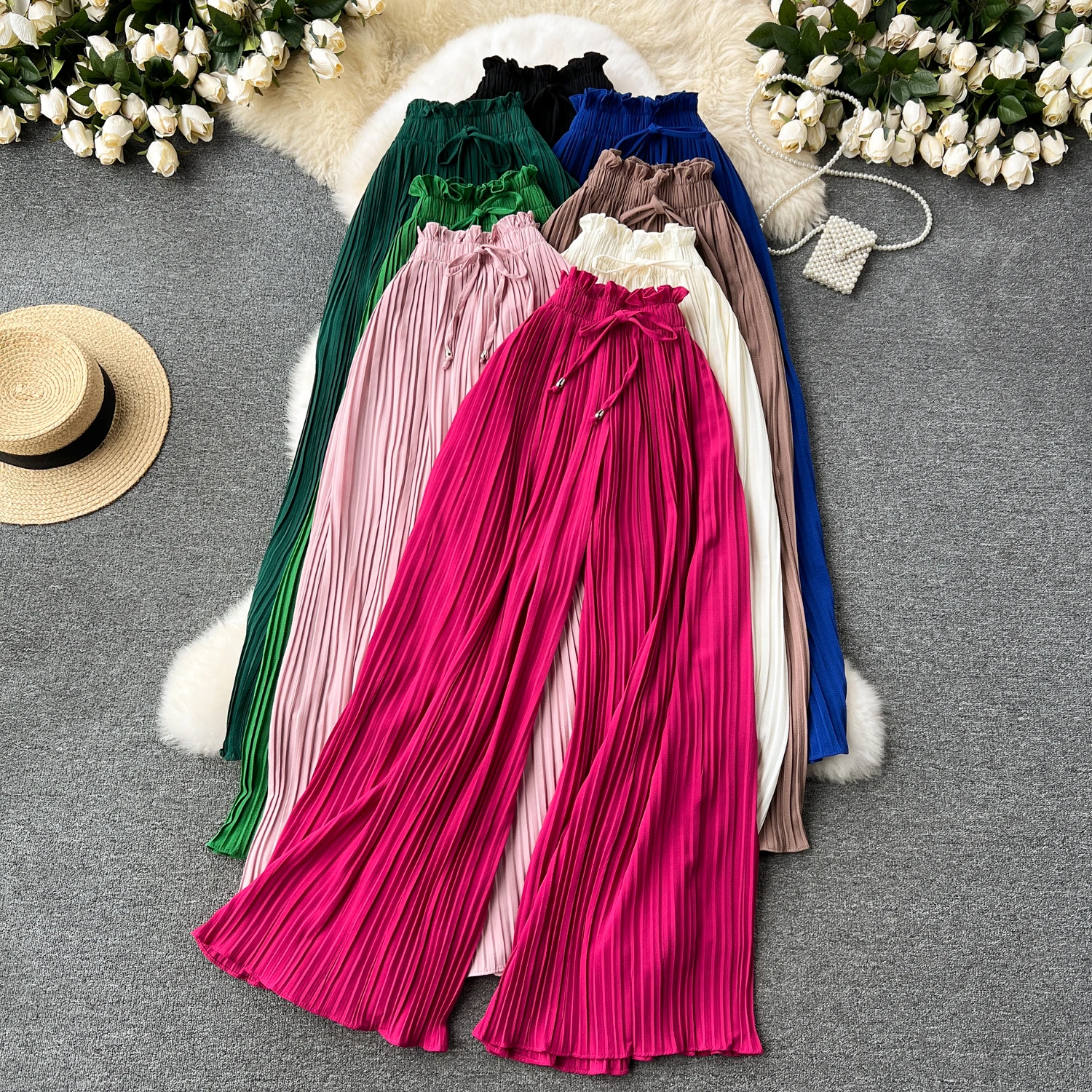 SINGREINY Bandage Basics Casual Pants Women Summer Oversize Draped Wide Legs Pants High Waist Solid Long Pleated Trousers