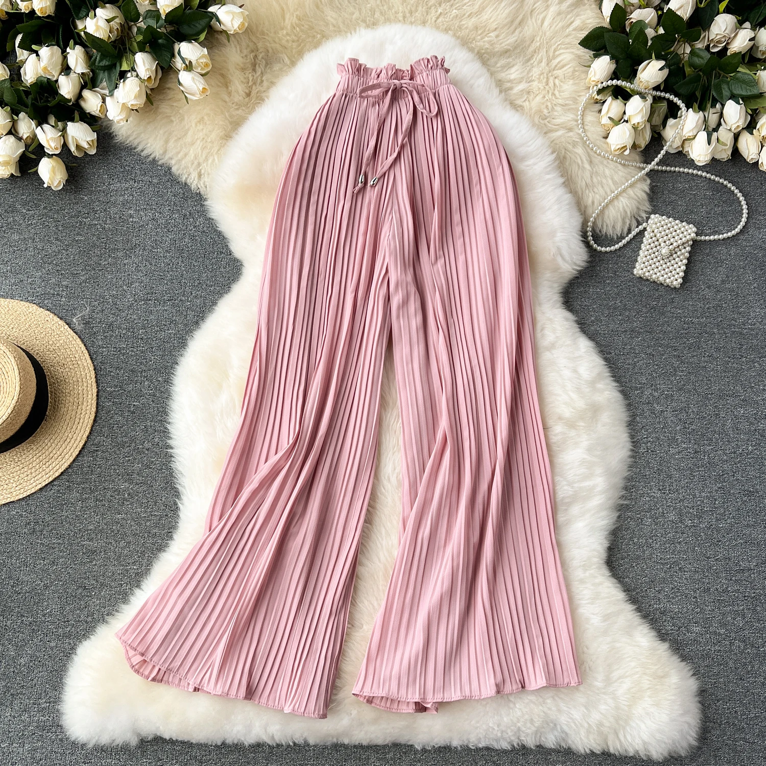 SINGREINY Bandage Basics Casual Pants Women Summer Oversize Draped Wide Legs Pants High Waist Solid Long Pleated Trousers