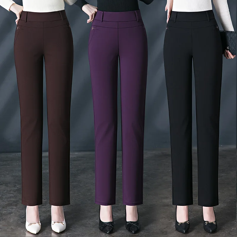 2026 New Women's Black Stretch Suit Pants, Fashion Purple Slim Trousers Green Brown Pantalones 27-34