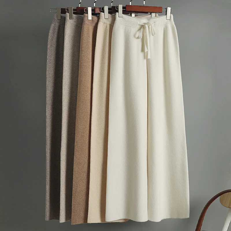 CHICUU Women Cashmere Pants Autumn Winter Wide Leg Pants Full Length 100% Merino Wool Knitwear Basic Simple Trousers Korean