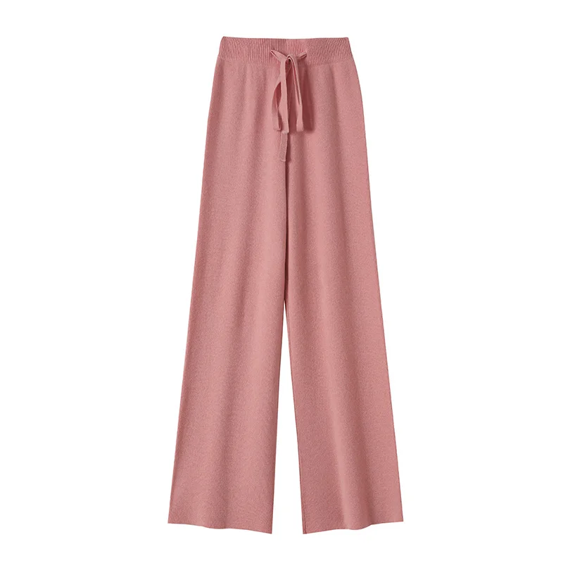 CHICUU Women Cashmere Pants Autumn Winter Wide Leg Pants Full Length 100% Merino Wool Knitwear Basic Simple Trousers Korean