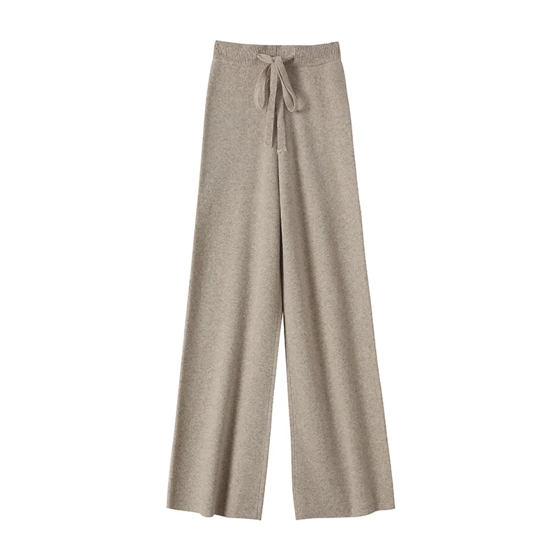 CHICUU Women Cashmere Pants Autumn Winter Wide Leg Pants Full Length 100% Merino Wool Knitwear Basic Simple Trousers Korean
