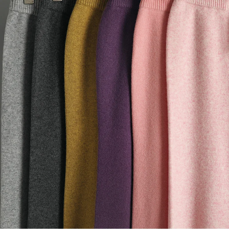 CHICUU Women Cashmere Pants Autumn Winter Wide Leg Pants Full Length 100% Merino Wool Knitwear Basic Simple Trousers Korean