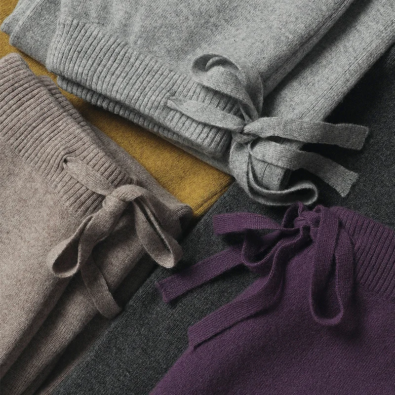 CHICUU Women Cashmere Pants Autumn Winter Wide Leg Pants Full Length 100% Merino Wool Knitwear Basic Simple Trousers Korean