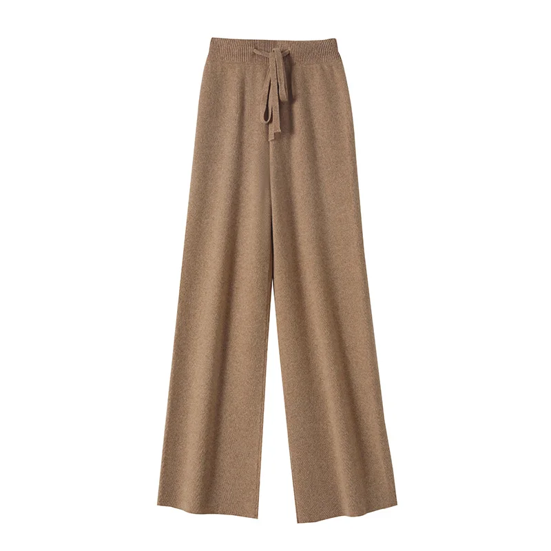 CHICUU Women Cashmere Pants Autumn Winter Wide Leg Pants Full Length 100% Merino Wool Knitwear Basic Simple Trousers Korean