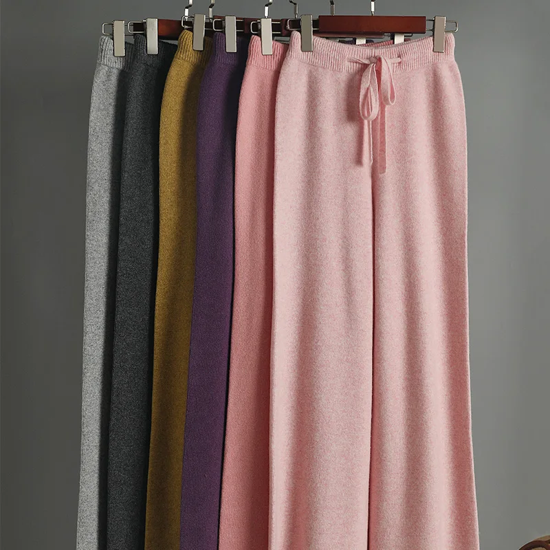 CHICUU Women Cashmere Pants Autumn Winter Wide Leg Pants Full Length 100% Merino Wool Knitwear Basic Simple Trousers Korean