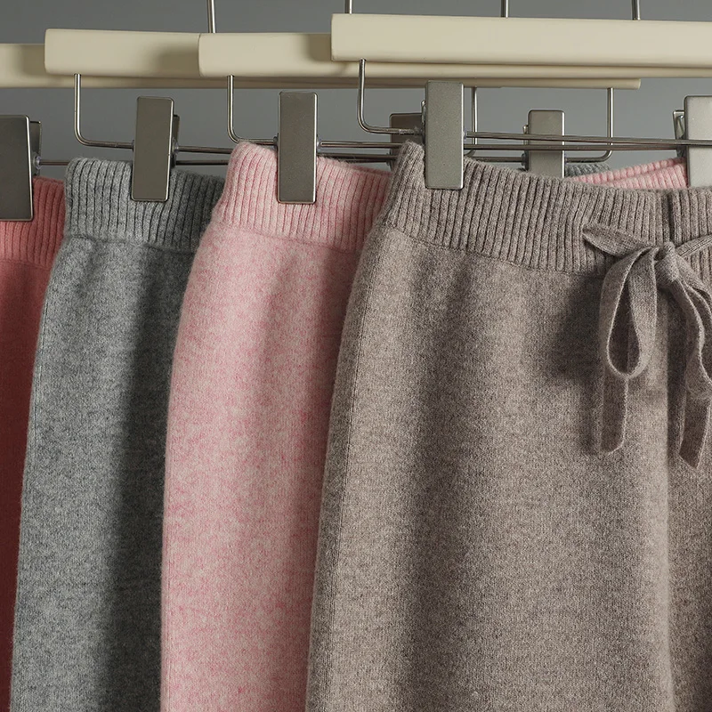 CHICUU Women Cashmere Pants Autumn Winter Wide Leg Pants Full Length 100% Merino Wool Knitwear Basic Simple Trousers Korean