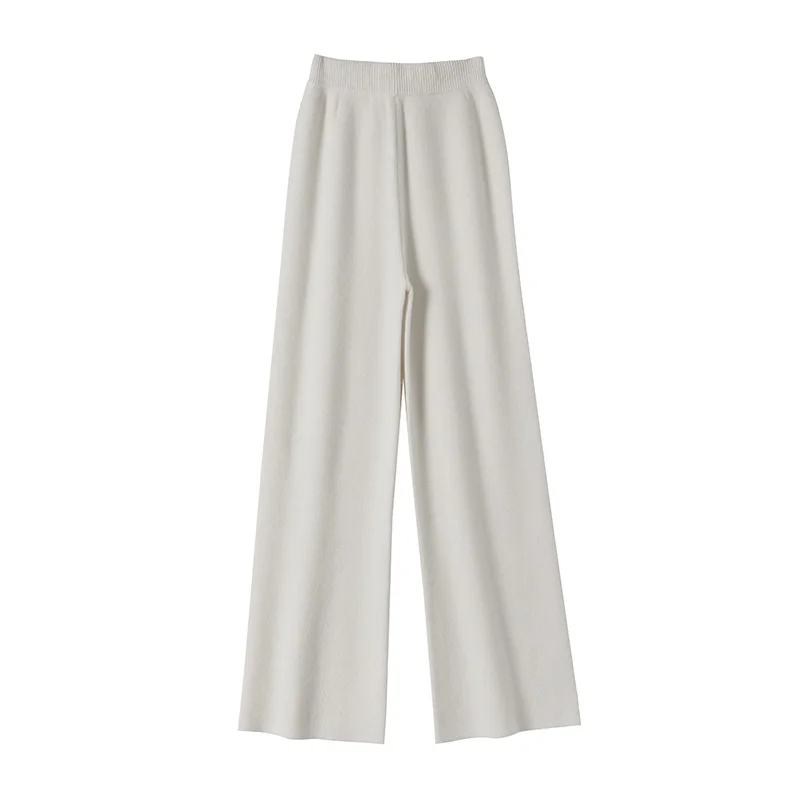 CHICUU Women Cashmere Pants Autumn Winter Wide Leg Pants Full Length 100% Merino Wool Knitwear Basic Simple Trousers Korean