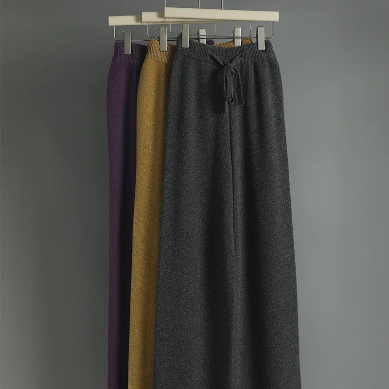 CHICUU Women Cashmere Pants Autumn Winter Wide Leg Pants Full Length 100% Merino Wool Knitwear Basic Simple Trousers Korean