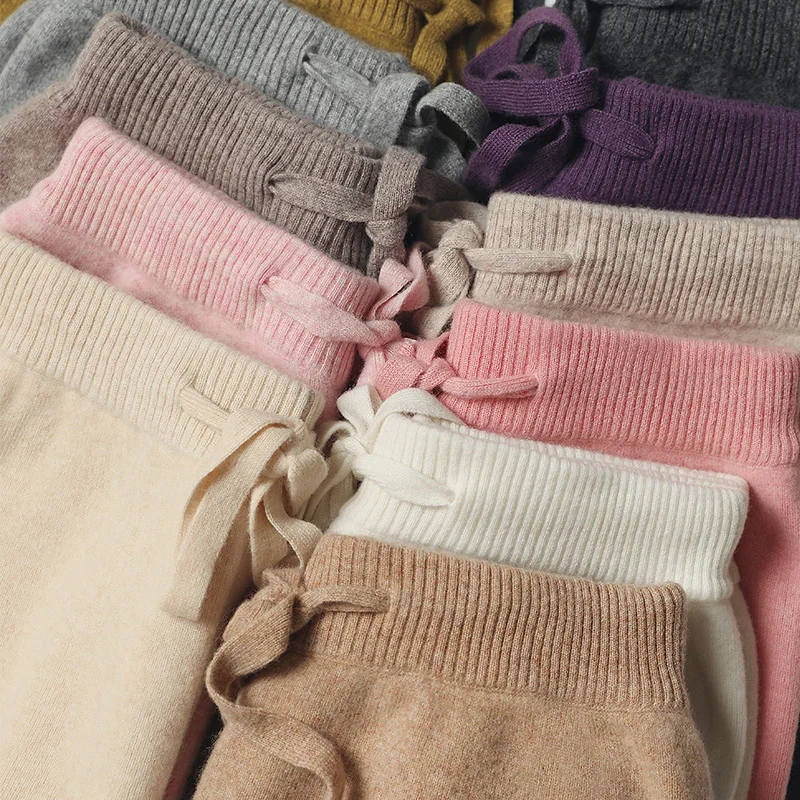 CHICUU Women Cashmere Pants Autumn Winter Wide Leg Pants Full Length 100% Merino Wool Knitwear Basic Simple Trousers Korean