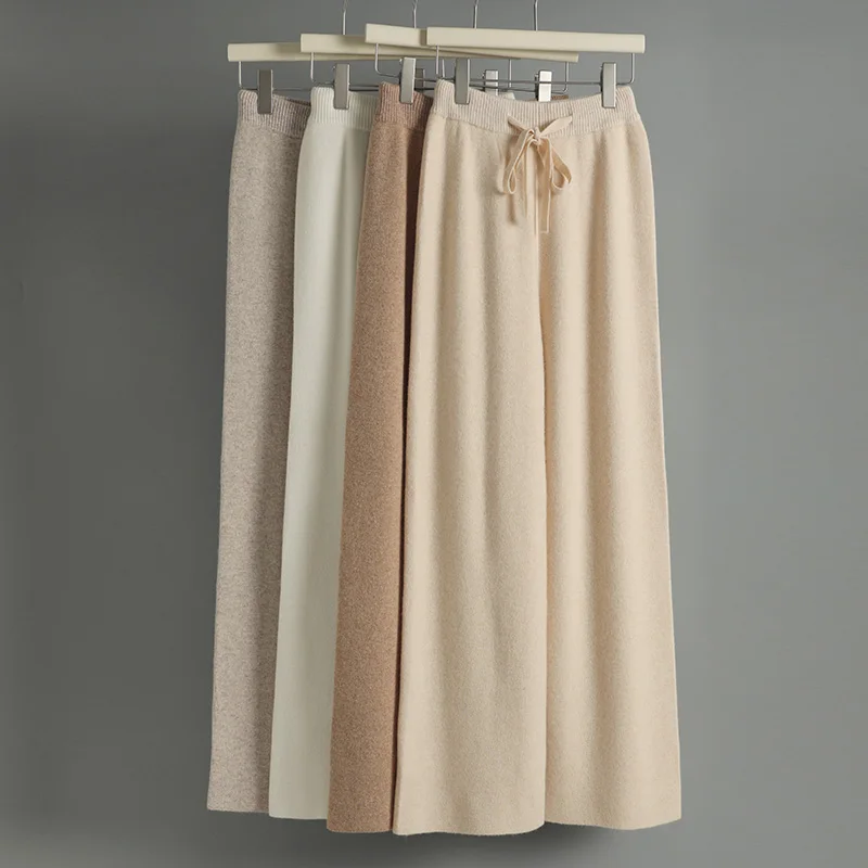 CHICUU Women Cashmere Pants Autumn Winter Wide Leg Pants Full Length 100% Merino Wool Knitwear Basic Simple Trousers Korean