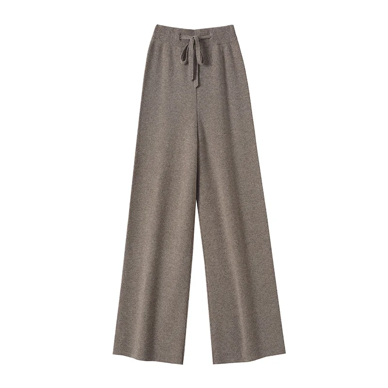 CHICUU Women Cashmere Pants Autumn Winter Wide Leg Pants Full Length 100% Merino Wool Knitwear Basic Simple Trousers Korean