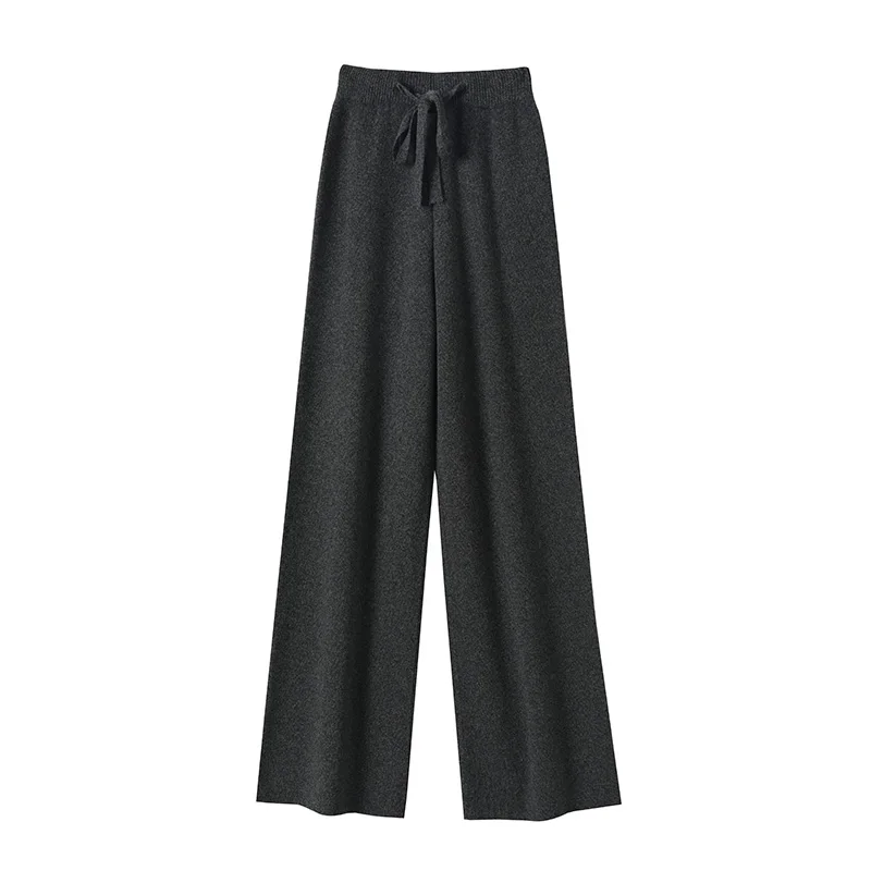 CHICUU Women Cashmere Pants Autumn Winter Wide Leg Pants Full Length 100% Merino Wool Knitwear Basic Simple Trousers Korean