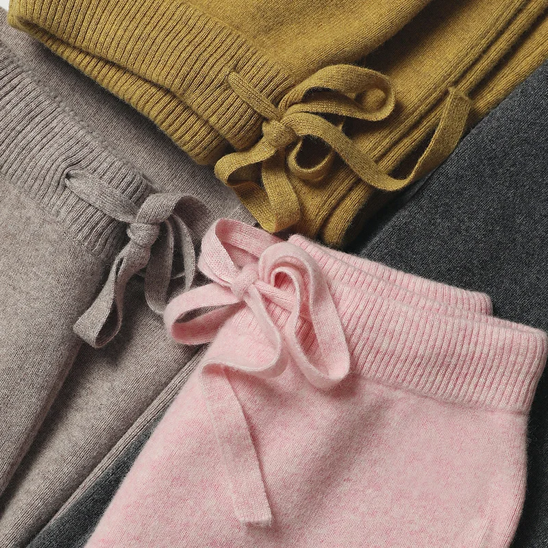 CHICUU Women Cashmere Pants Autumn Winter Wide Leg Pants Full Length 100% Merino Wool Knitwear Basic Simple Trousers Korean
