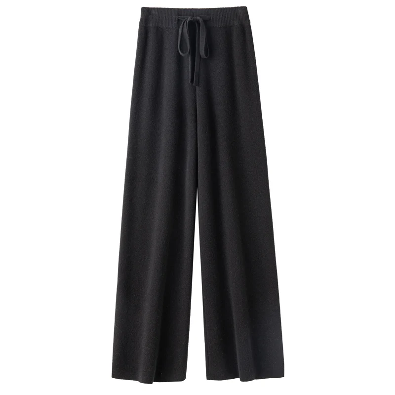 CHICUU Women Cashmere Pants Autumn Winter Wide Leg Pants Full Length 100% Merino Wool Knitwear Basic Simple Trousers Korean