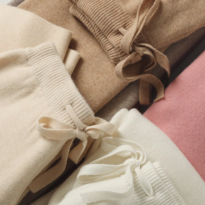 CHICUU Women Cashmere Pants Autumn Winter Wide Leg Pants Full Length 100% Merino Wool Knitwear Basic Simple Trousers Korean