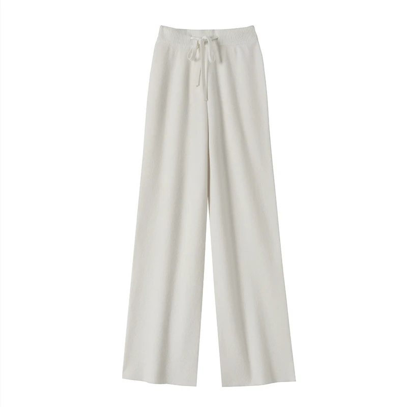 CHICUU Women Cashmere Pants Autumn Winter Wide Leg Pants Full Length 100% Merino Wool Knitwear Basic Simple Trousers Korean