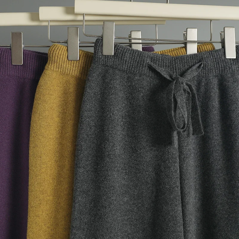 CHICUU Women Cashmere Pants Autumn Winter Wide Leg Pants Full Length 100% Merino Wool Knitwear Basic Simple Trousers Korean