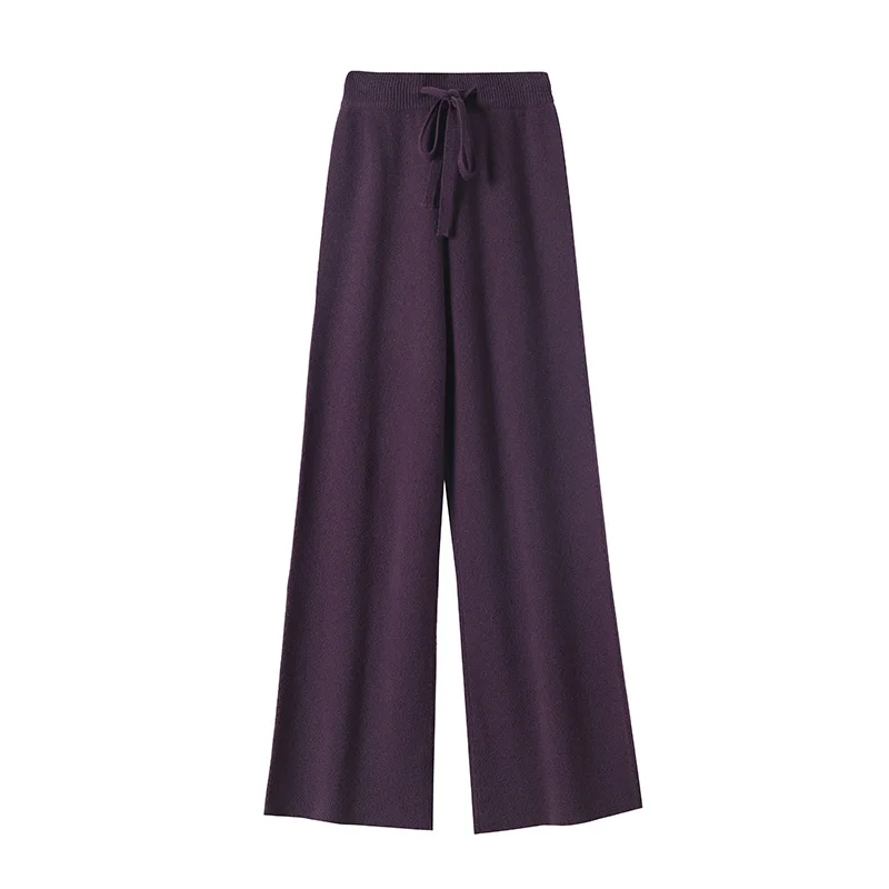 CHICUU Women Cashmere Pants Autumn Winter Wide Leg Pants Full Length 100% Merino Wool Knitwear Basic Simple Trousers Korean