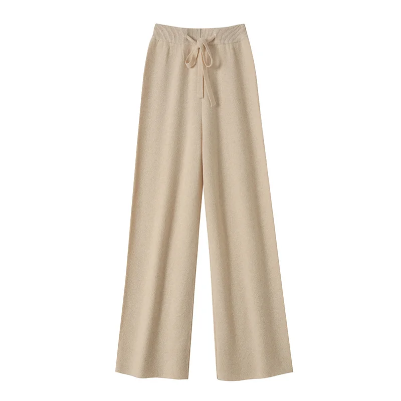 CHICUU Women Cashmere Pants Autumn Winter Wide Leg Pants Full Length 100% Merino Wool Knitwear Basic Simple Trousers Korean