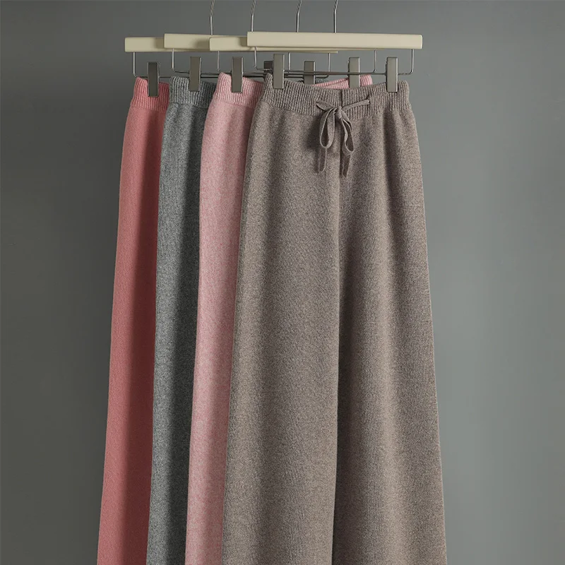 CHICUU Women Cashmere Pants Autumn Winter Wide Leg Pants Full Length 100% Merino Wool Knitwear Basic Simple Trousers Korean